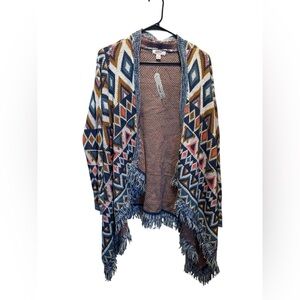 Arizona Boho Tribal Fringe Cardigan Sweater Size M Open‎ Front Southwestern